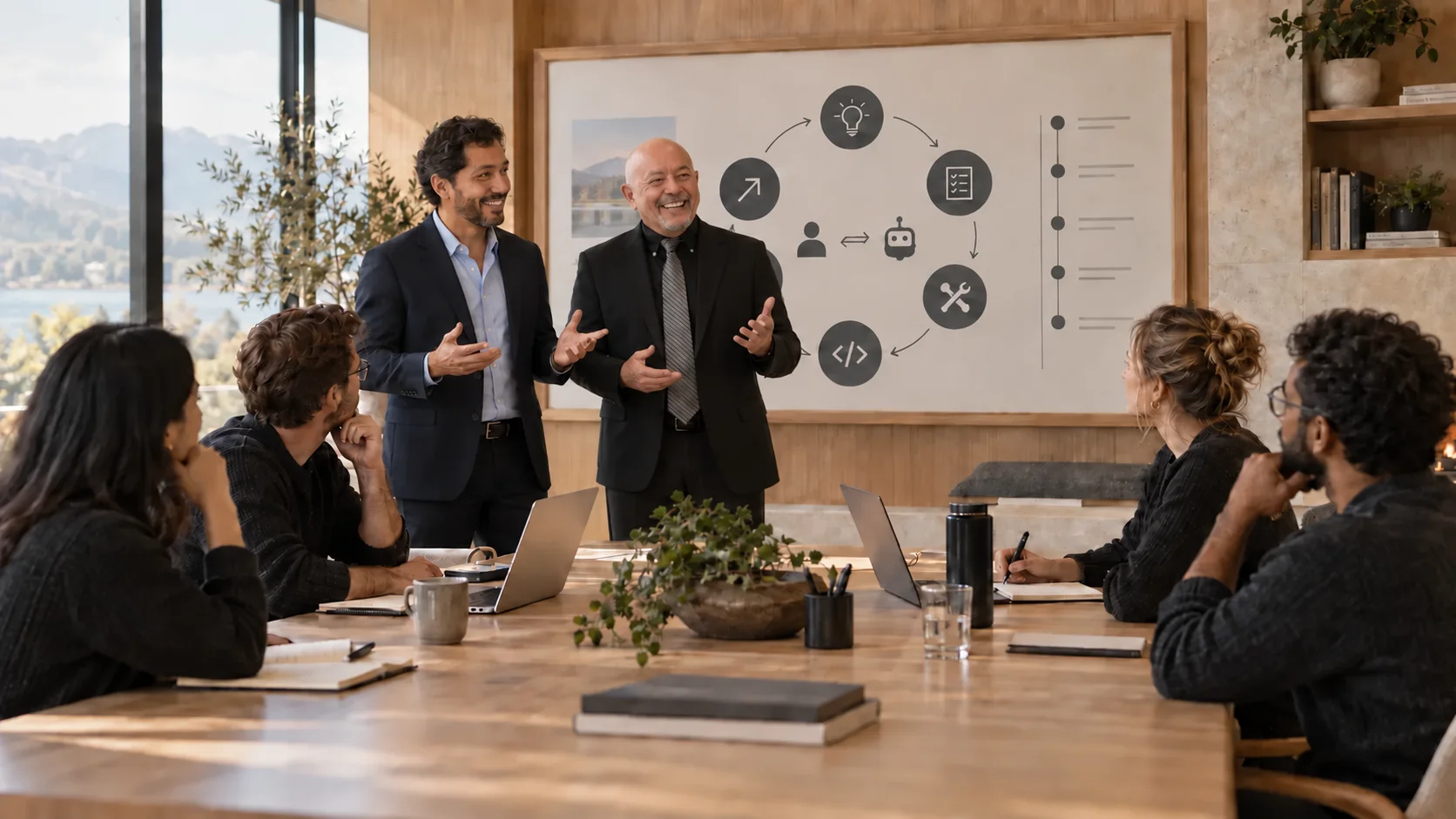 John and Abel introducing the course roadmap and AI software development cycle to students in a modern studio classroom