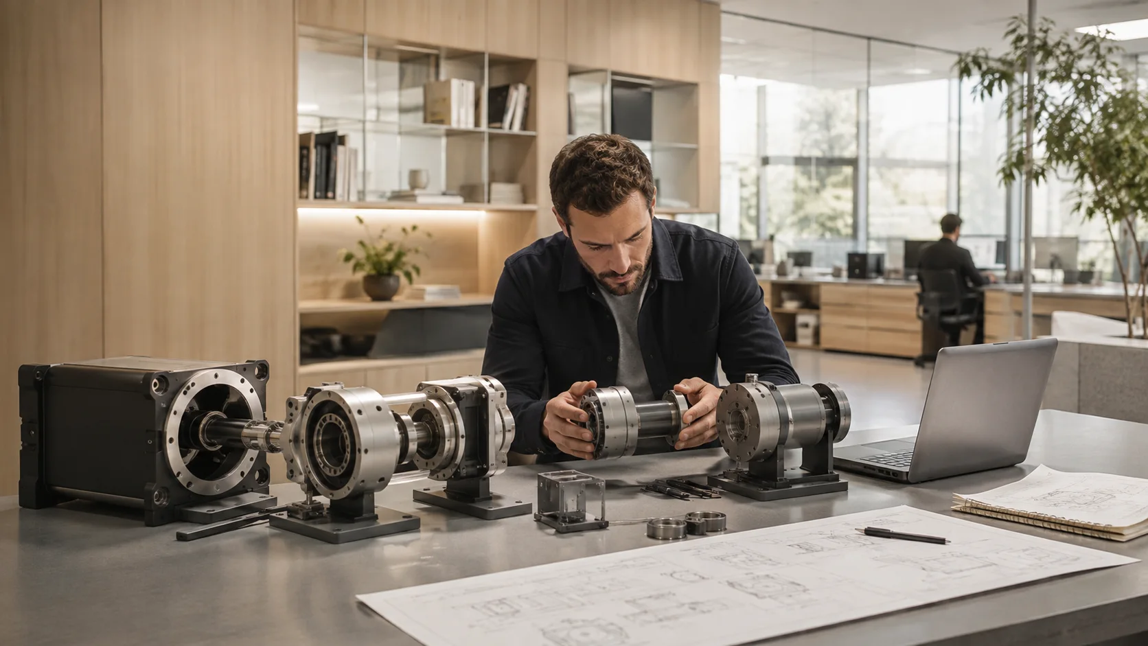 An engineer checking modular tools and connections at a workbench