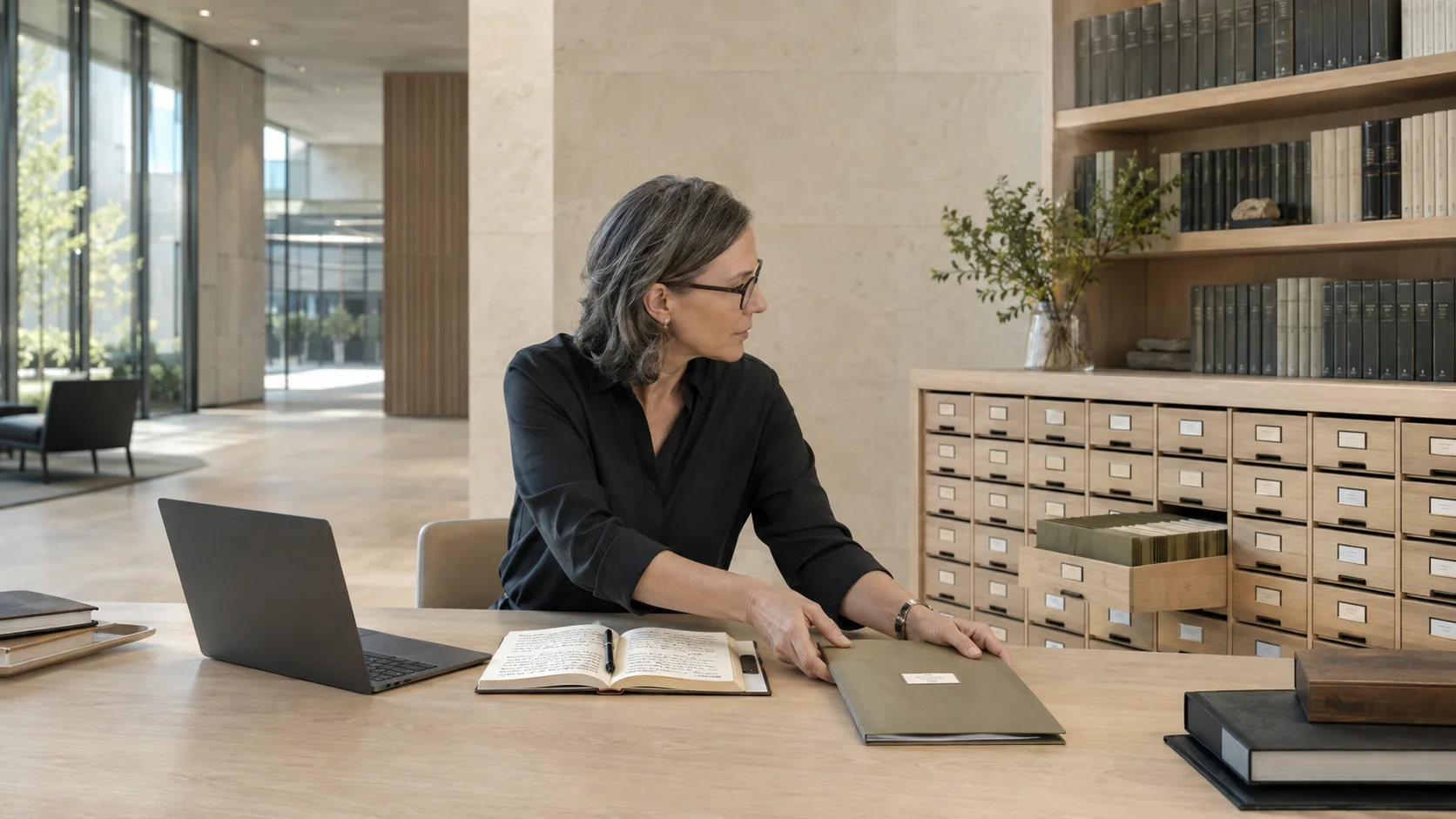 An archivist selecting evidence from structured records