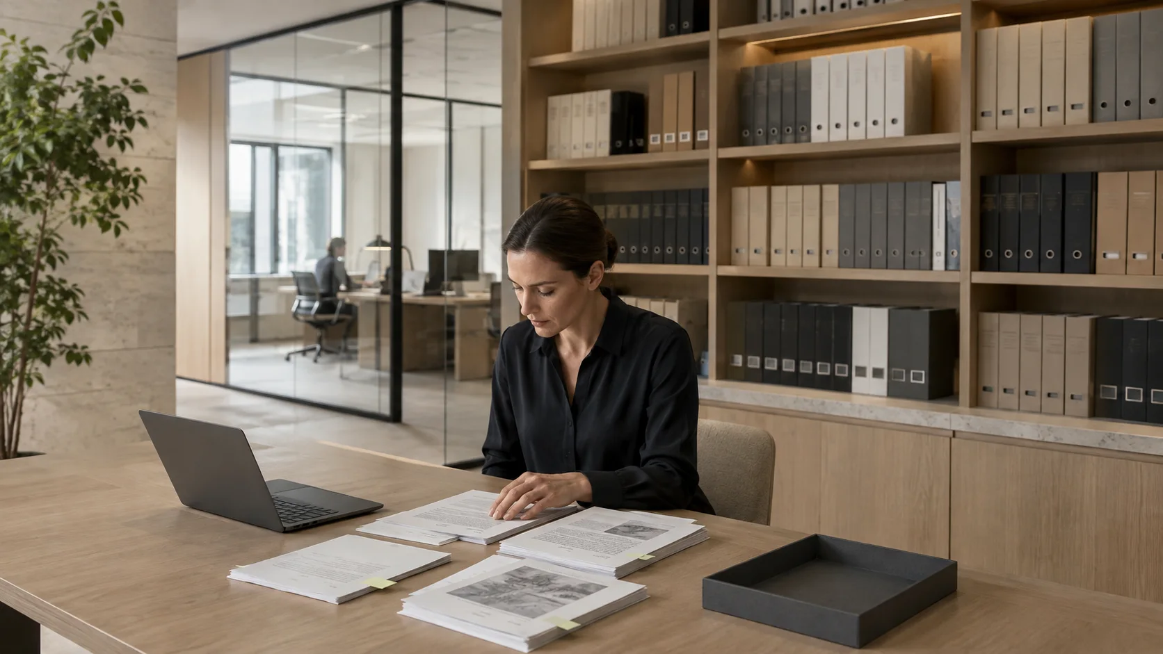 A researcher comparing retrieved source documents beside a laptop