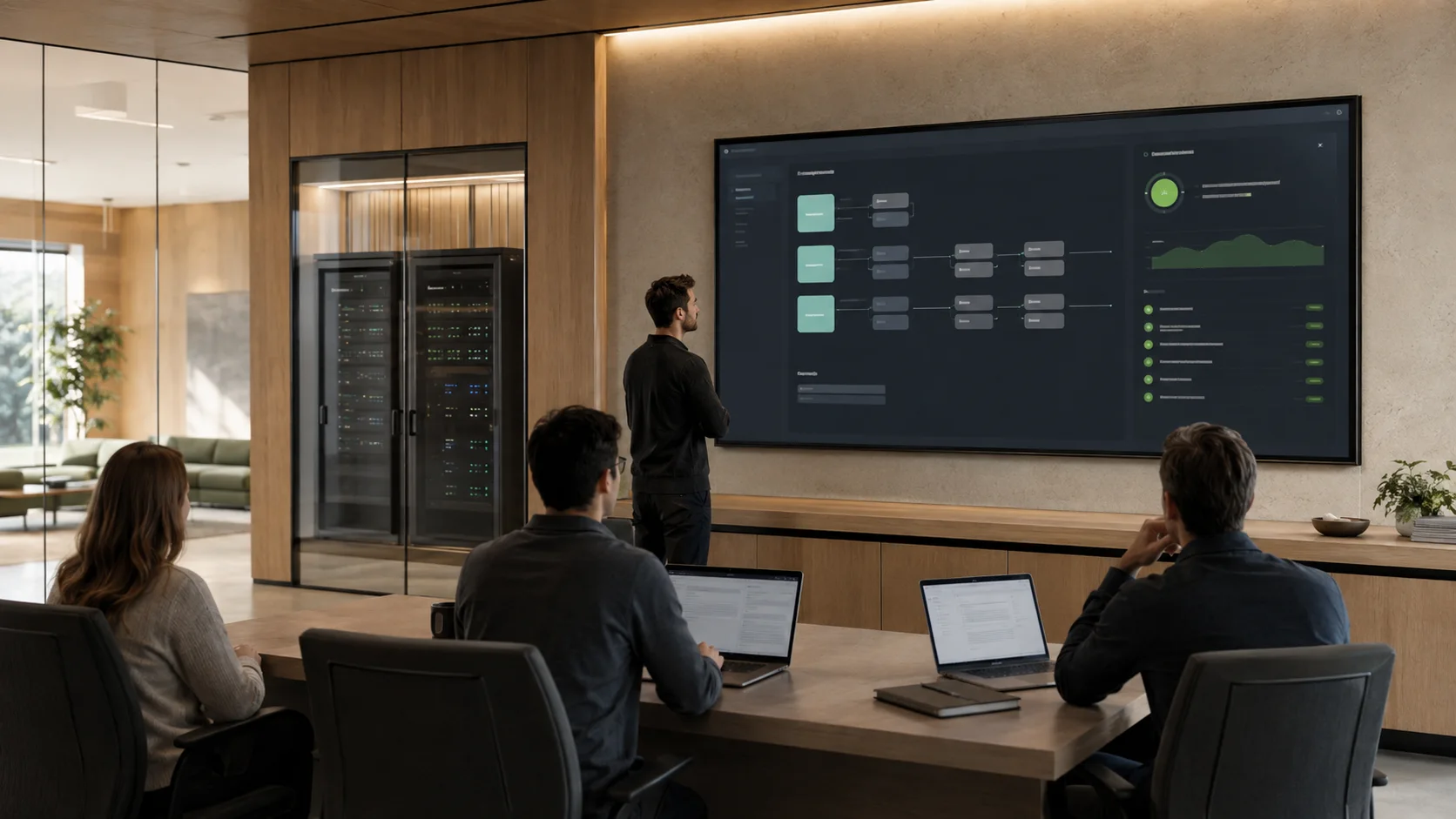 A product team monitoring a finished service in a refined control room