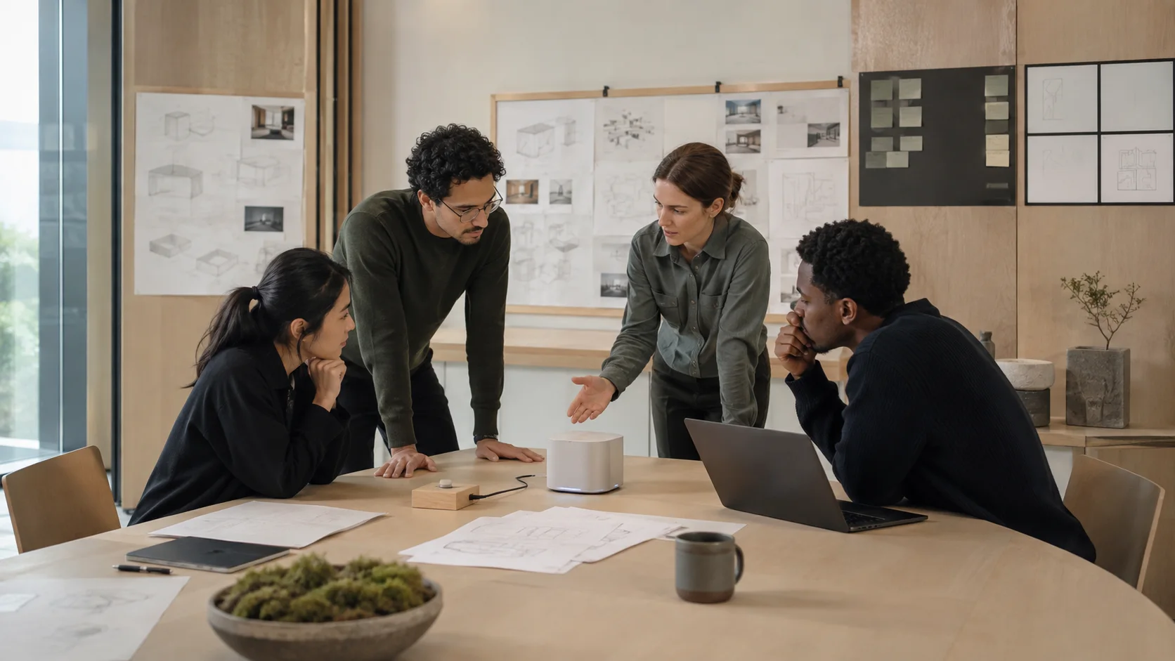 A graduate team reviewing a working end-to-end prototype